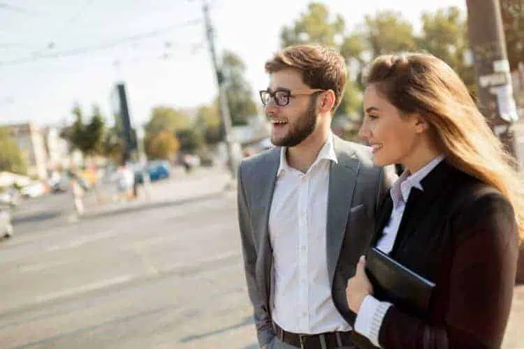 young man and woman going for lunch break