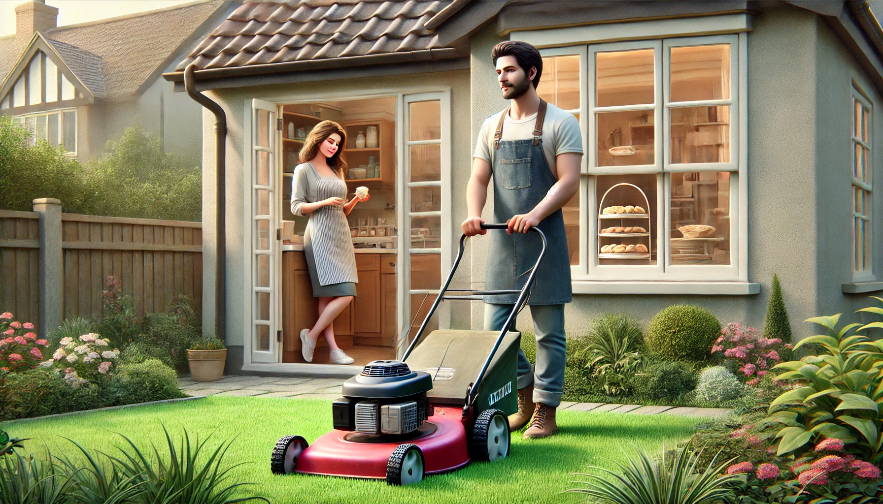 a man pushing a lawnmower in front of a house, woman in kitchen