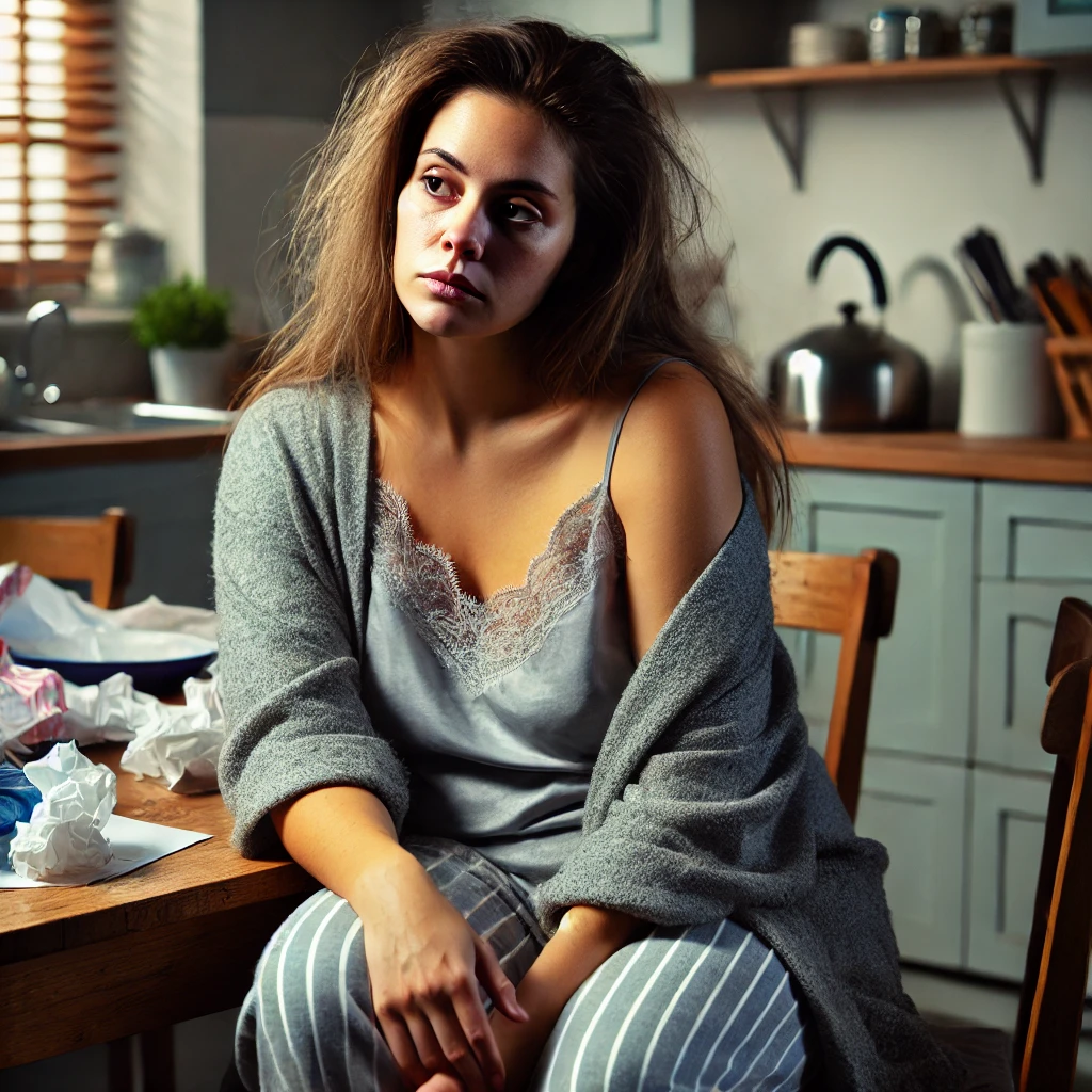 a tired woman sitting on a chair in a kitchen