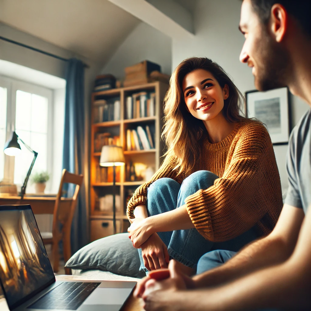 a man and woman sitting on a bed looking at a laptop