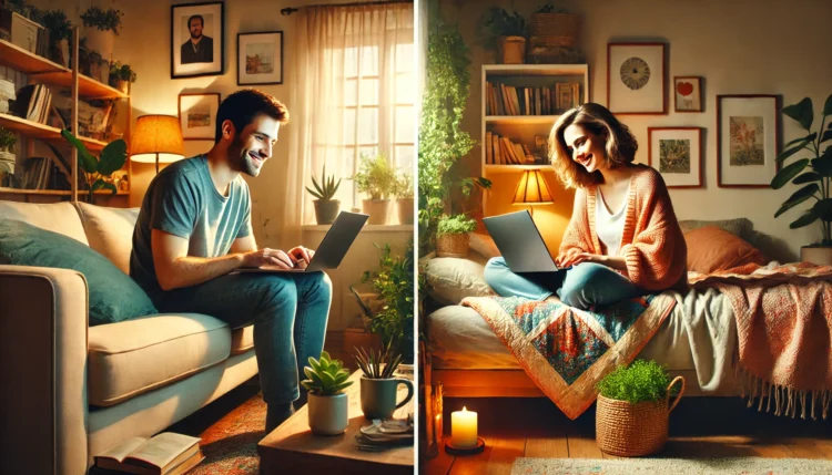 a man and woman sitting on a couch using laptops