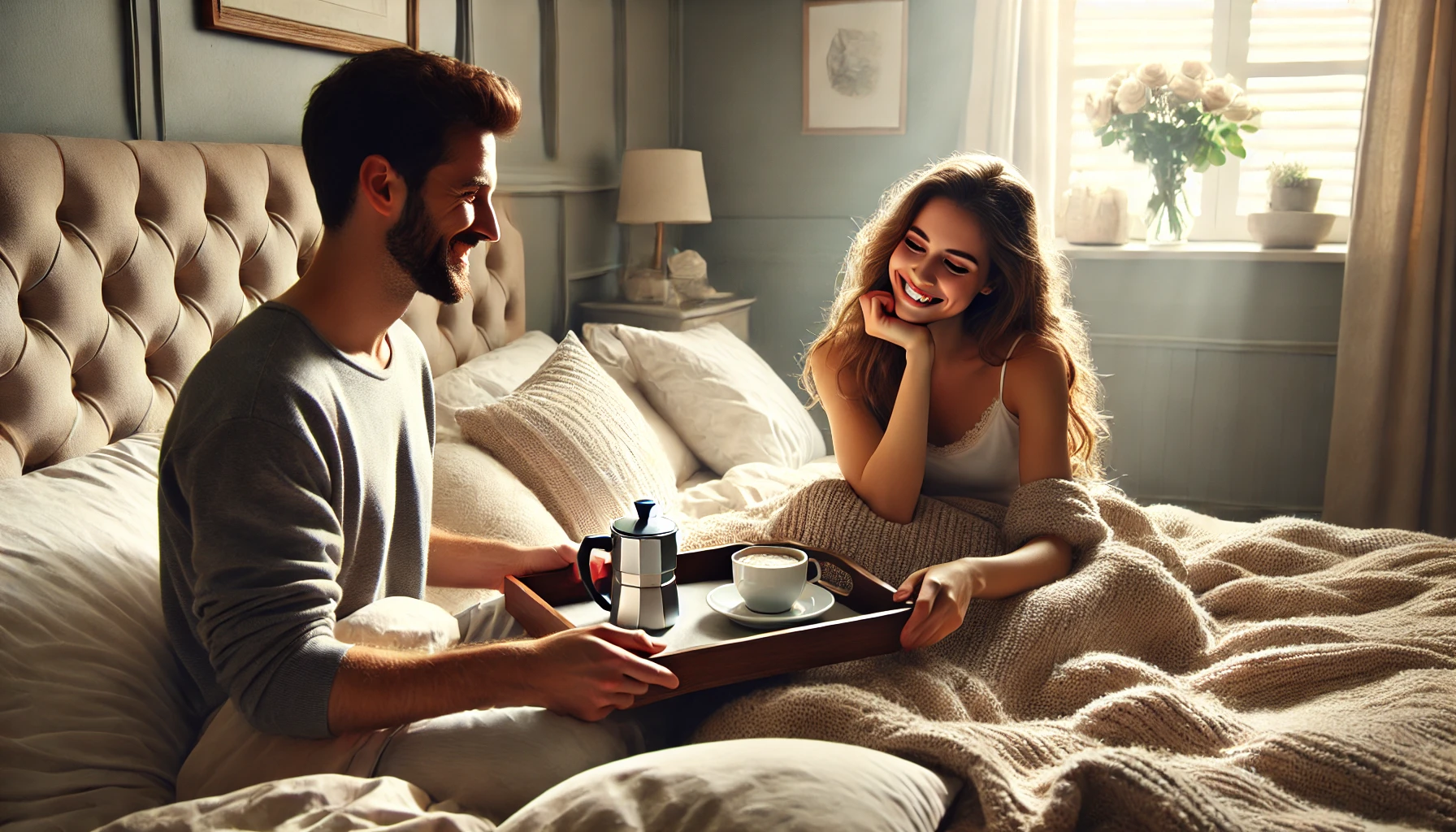 a man and woman in bed with coffee