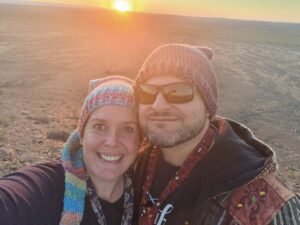 husband and wife at sunset in tankwa karoo