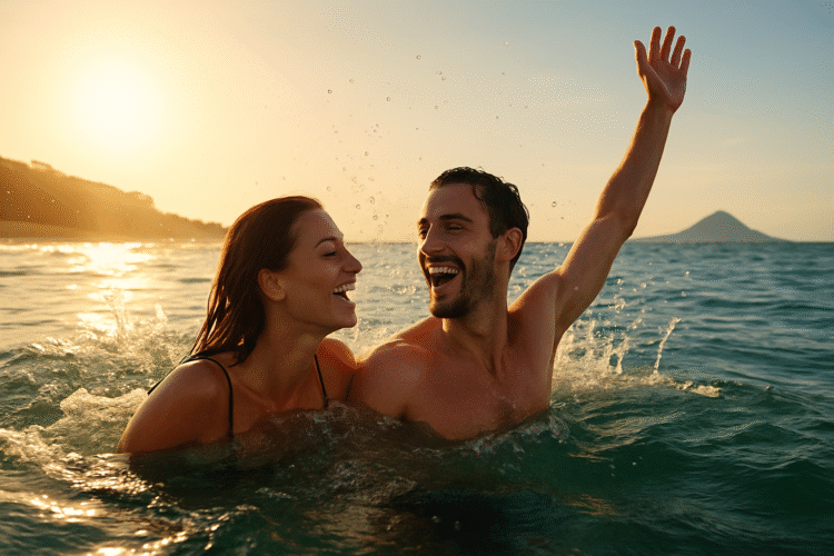 happy couple enjoying the ocean