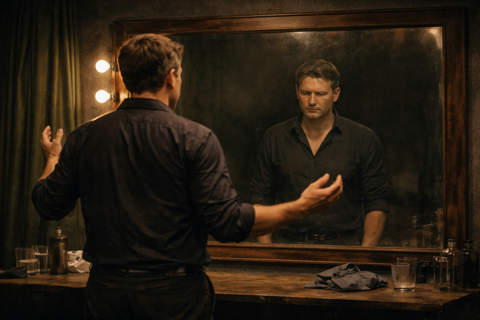 a man peforming in front of a mirror