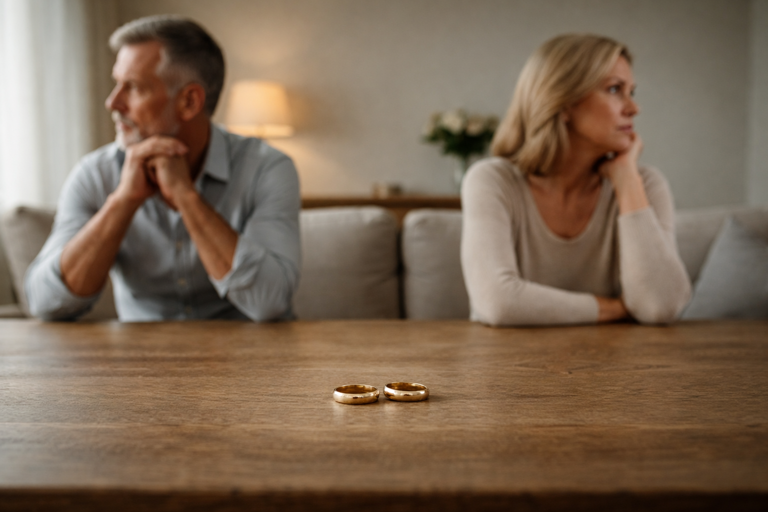 When He Walks Away: The Psychology Behind Late-Stage Divorce 1 older couple sitting at a table with their wedding rings in the foreground