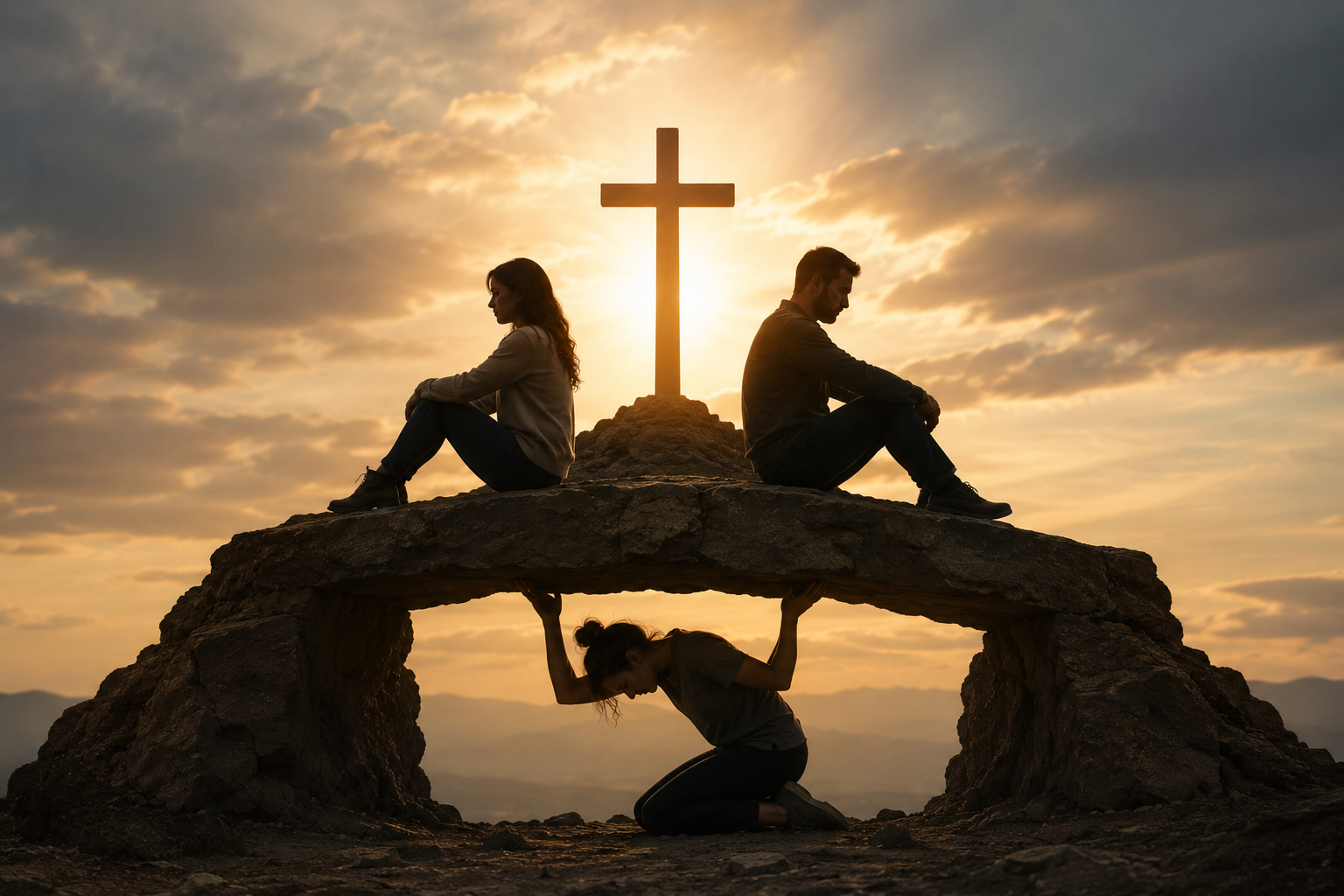 a person holding up two other people and a cross