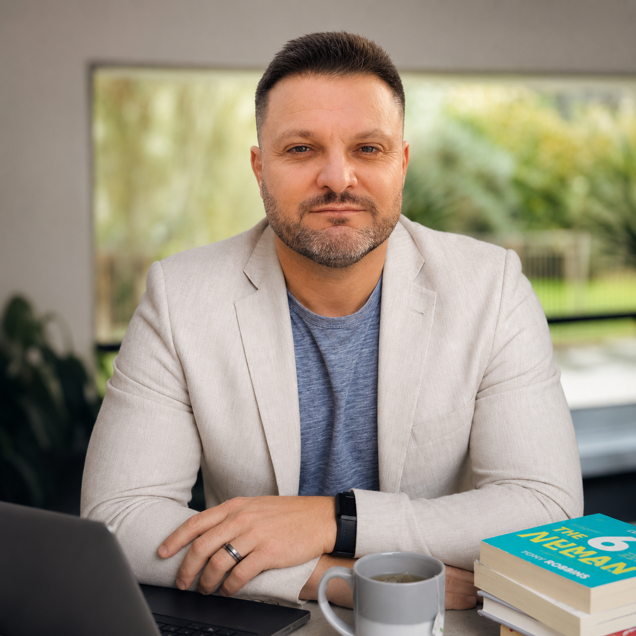Gideon Hanekom Wellness Counselling a professional man sitting at a desk with books and a laptop