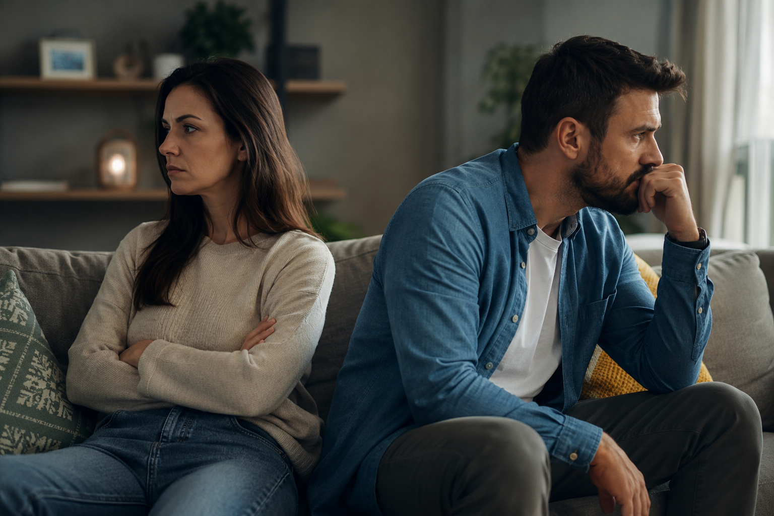 unhappy couple sitting on a couch looking off into the distance